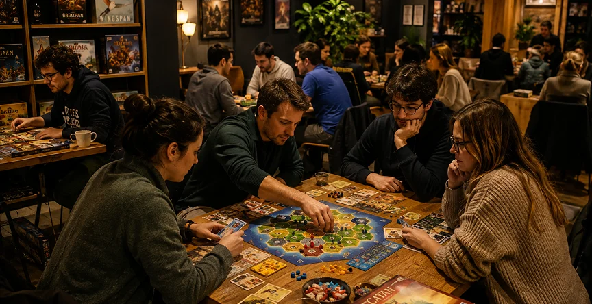 Spelers strijden in een bordspeltoernooi in een gastvrije gamingclub