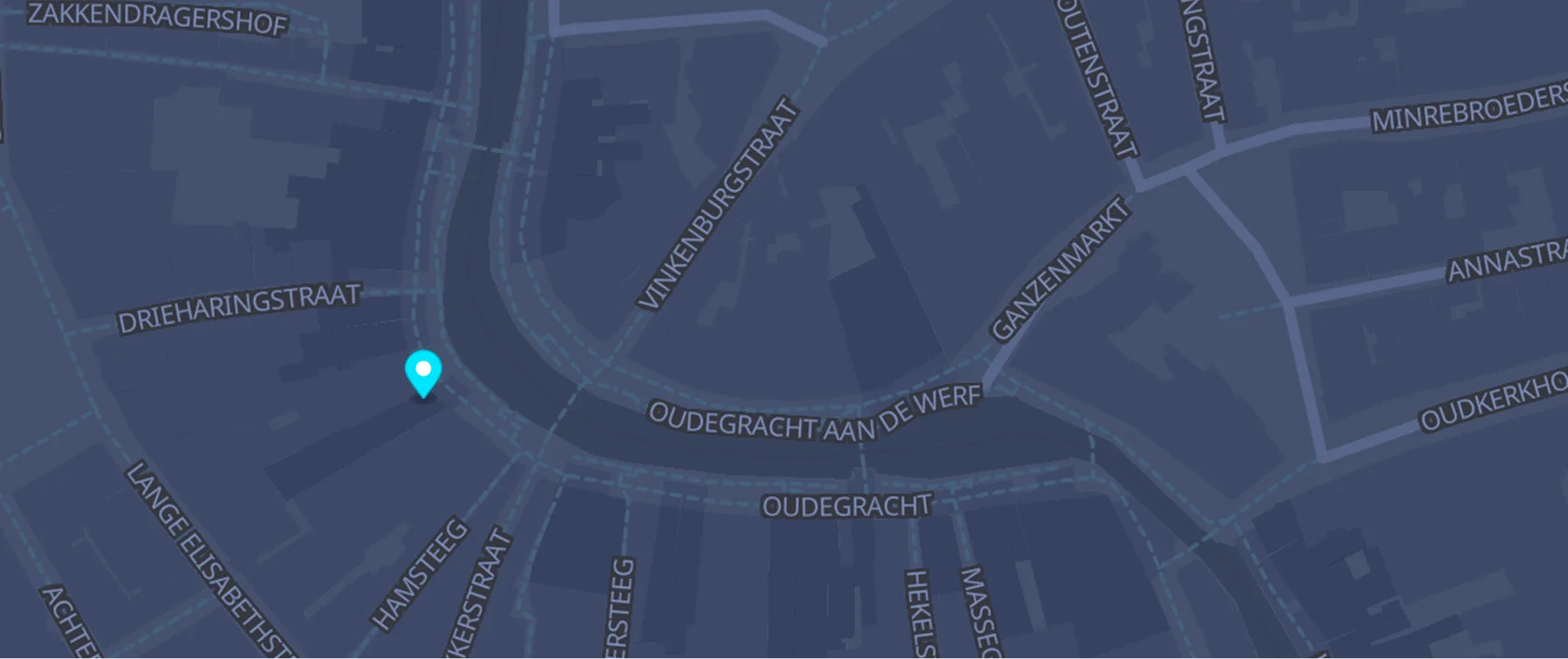 Kaart met de locatie van de bordspelclub in Utrecht met een gemarkeerde bestemming