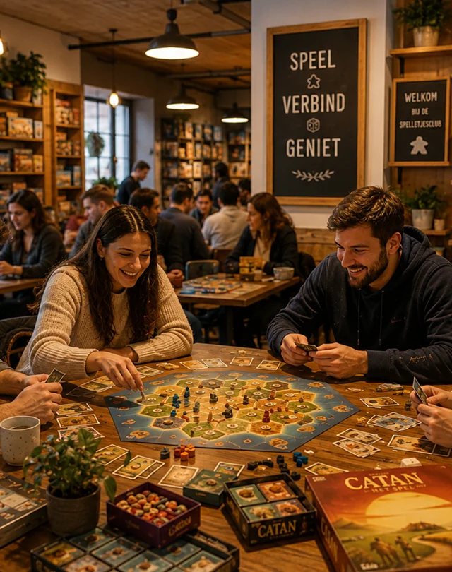 Vrienden genieten van een bordspelavond in een moderne bordspelclub